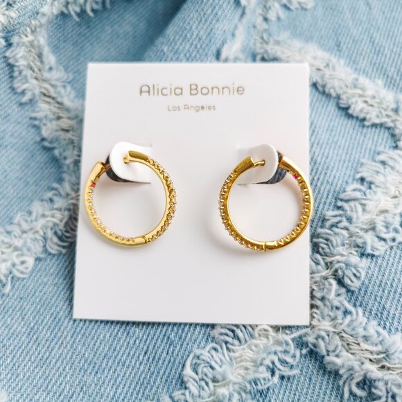 Alicia Bonnie Twinkle Delight Gold White Crystal Small Hoop Earrings Trendy Jewe - Picture 1 of 3